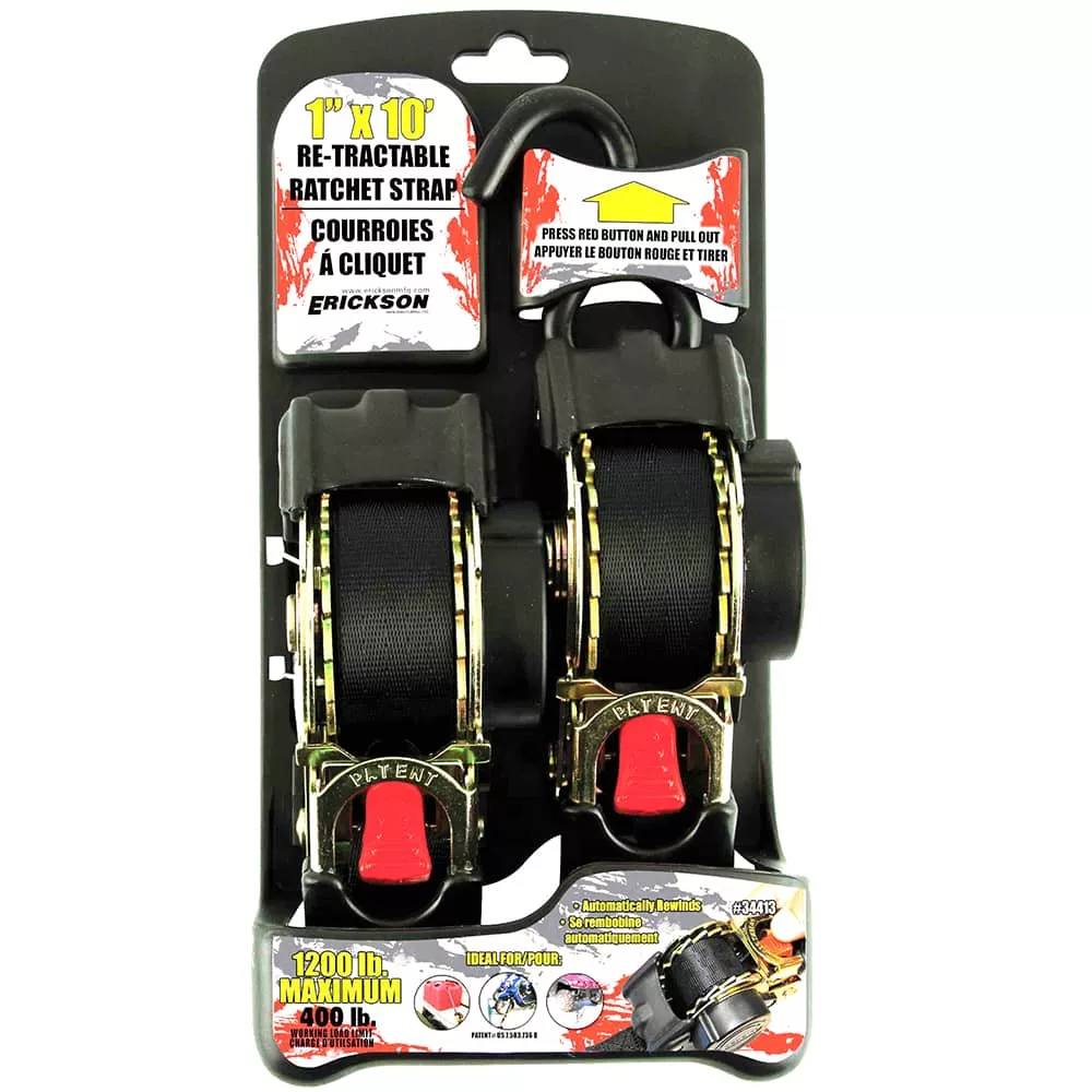 (2) 1"X10' 1200 LB RE-TRACTABLE RATCHET TIE DOWNS BLACK-34415-FR