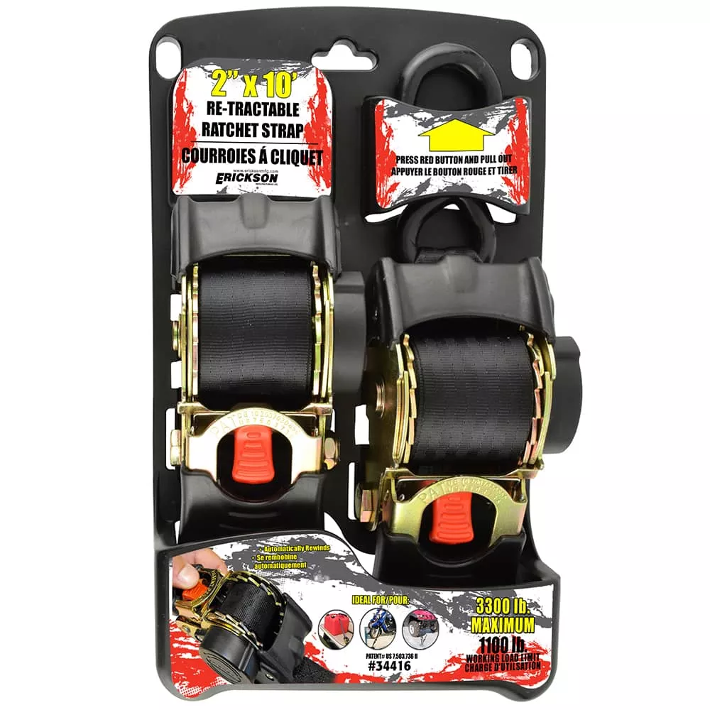 (2) 2"X10' 3300 LB RE-TRACTABLE RATCHET TIE DOWNS BLACK-34416-FR