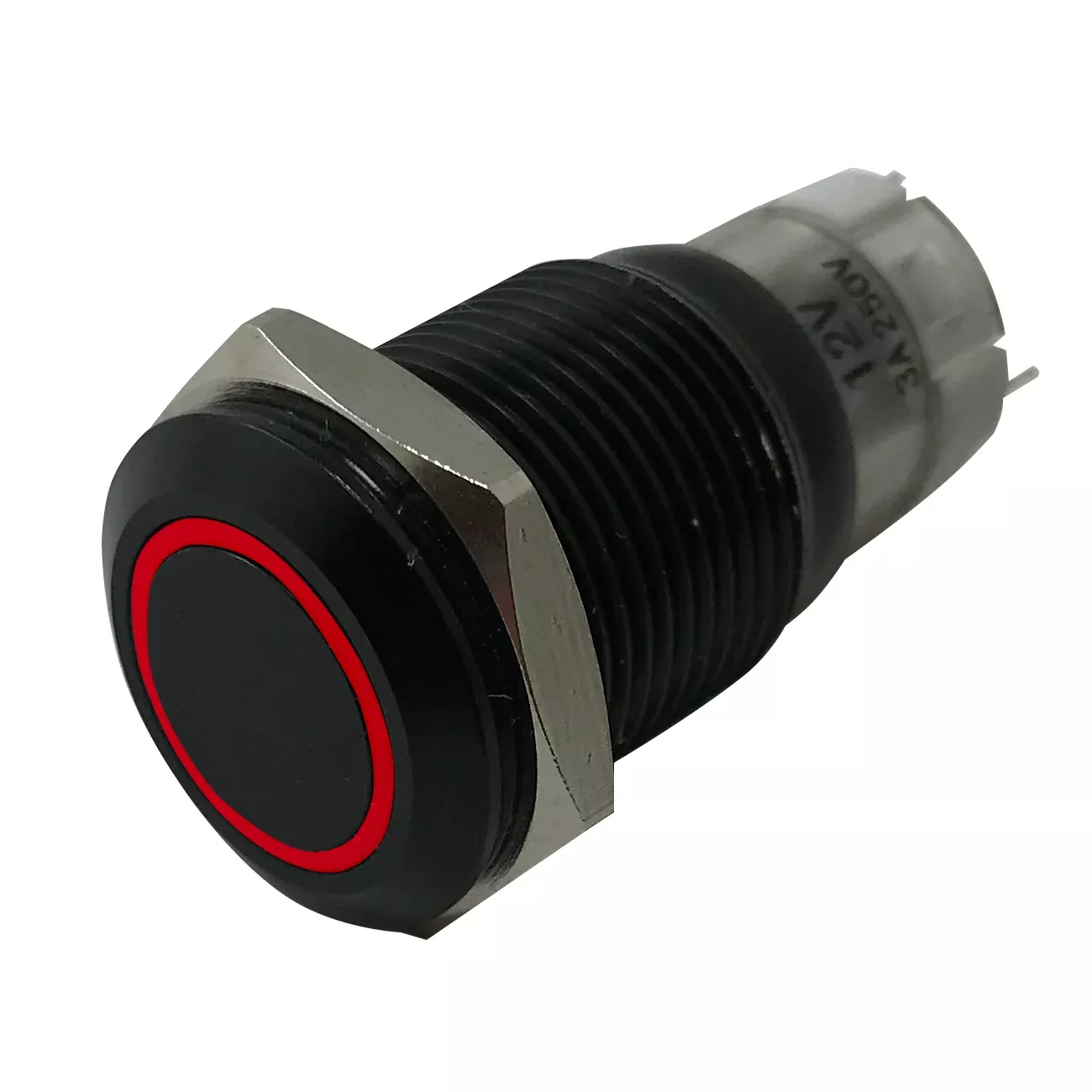 LED Latching Push Button Switch - 12V Black Metal - On/Off - 16mm Mount - 1 or 5 Pack