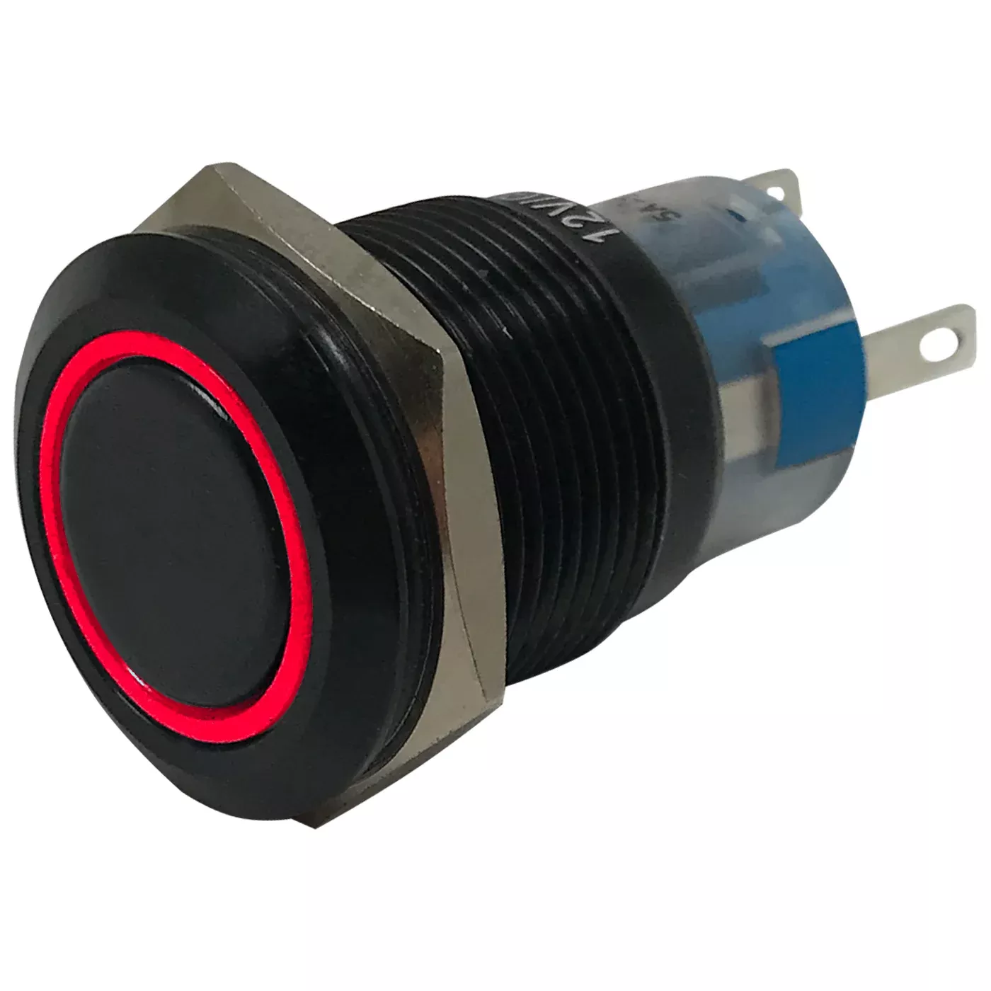 LED Latching Push Button Switch - 12V Black Metal - On/Off - 19mm Mount