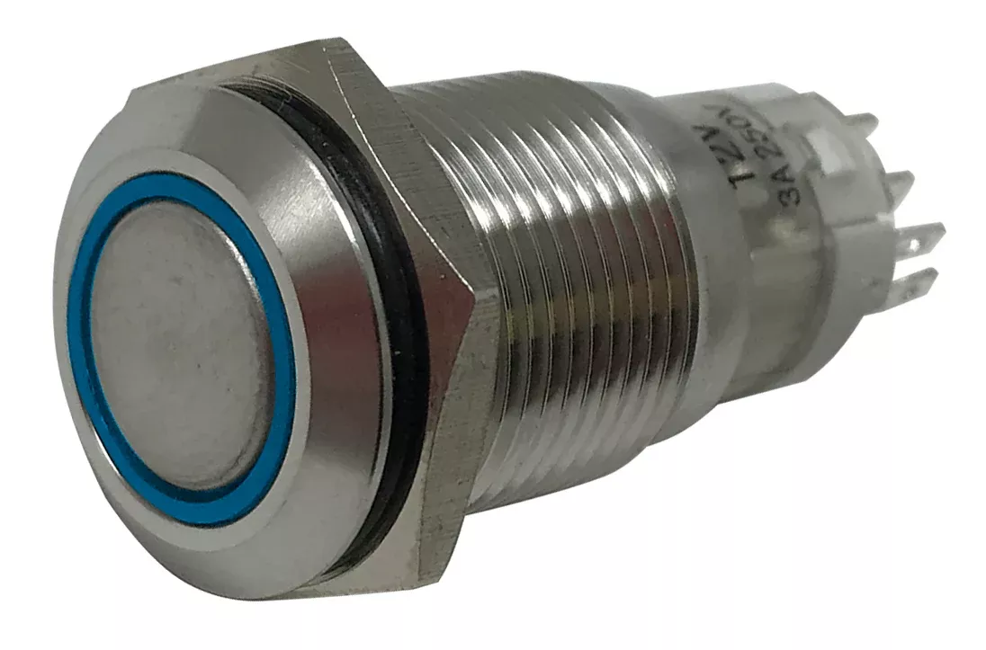 LED Latching Push Button Switch - 12V Stainless Steel - On/Off - 16mm Mount