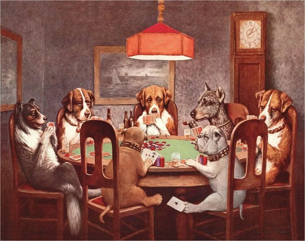 TIN SIGN 7 DOGS PLAYING-498