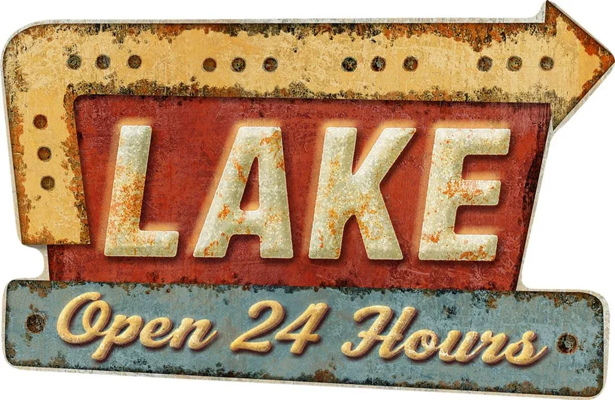 TIN SIGN LAKE OPEN 24 HOURS-7052